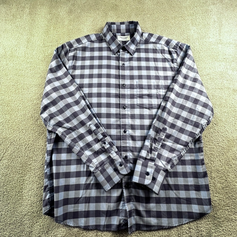Twillory Shirt Mens L Blue Gray Plaid Untuckable Stretch Performance Button Up